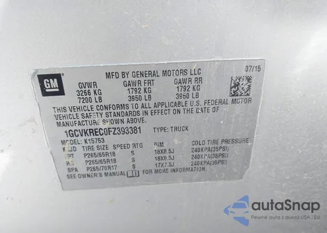 2015 Chevrolet Silverado 1500 1Lt из США, поврежденный, VIN 1GCVKREC0FZ393381